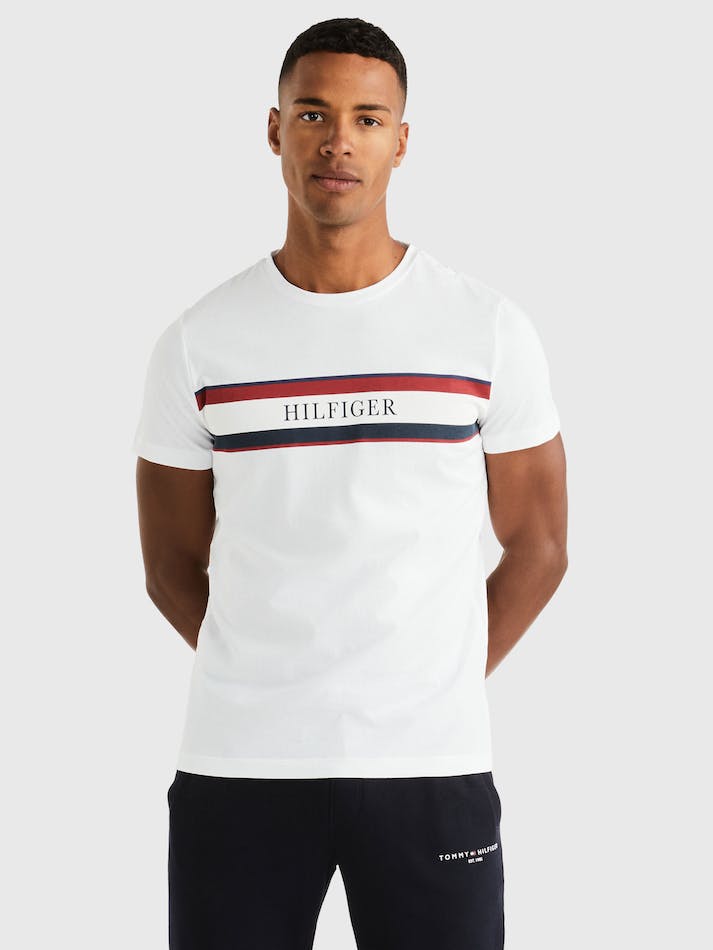 Tommy Hilfiger Stripe Logo Slim Fit Men's T Shirts White | KYhlQcotv8cr