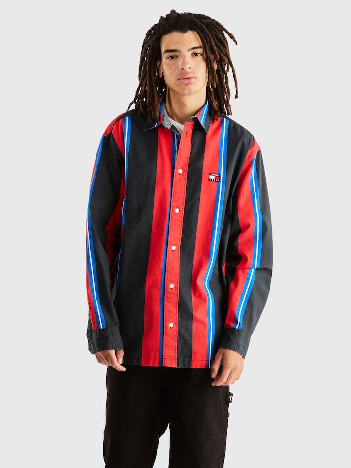 Tommy Jeans Stripe Oversized Fit Men's Shirts Black Stripes | MqNl91BNgMPh