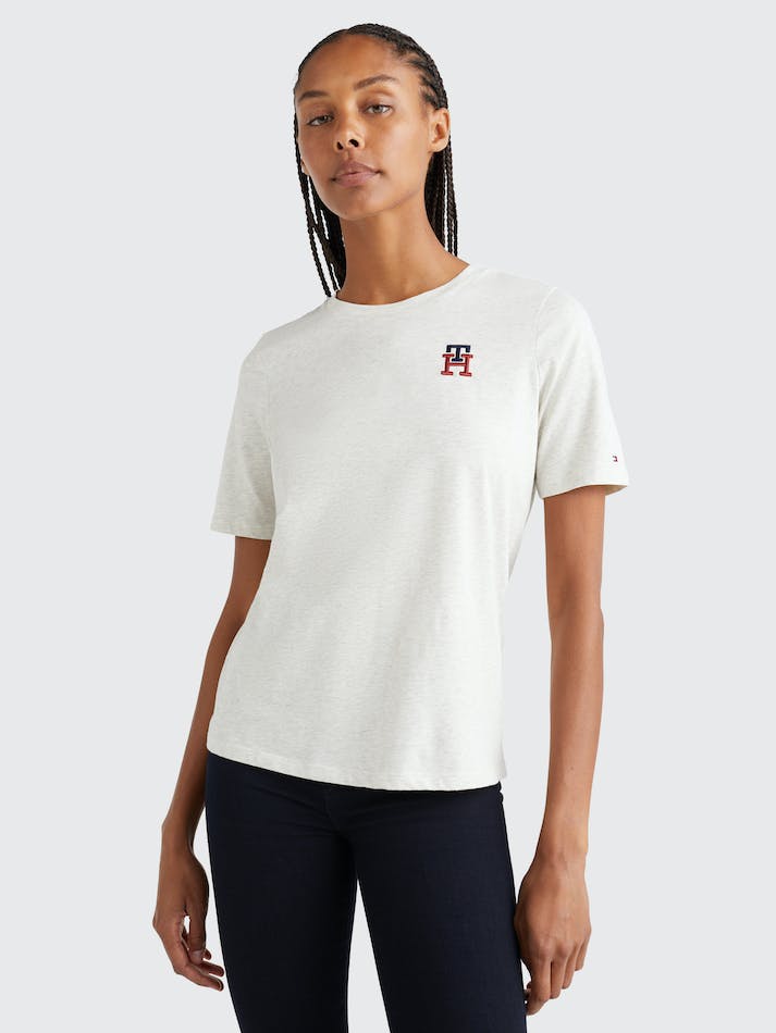 Tommy Hilfiger TH Monogram Embroidery Crew Neck Women's T Shirts Heathered Oatmilk | 1v3OYdbYfWVI