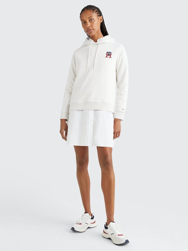 Tommy Hilfiger TH Monogram Embroidery Flex Fleece Women's Hoodie Heathered Oatmilk | tfT4JxZWMNUy