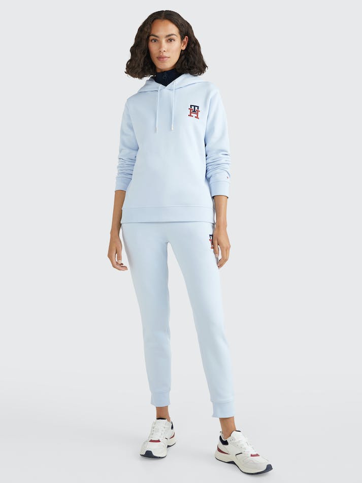 Tommy Hilfiger TH Monogram Embroidery Flex Fleece Women's Hoodie Blue | uMbK7crc2M5P