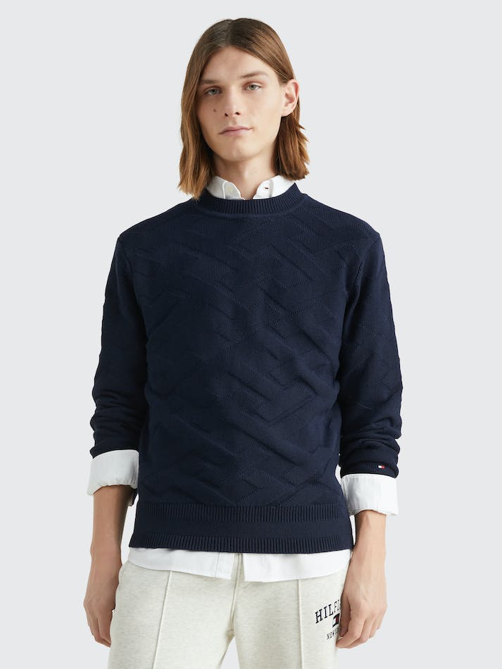 Tommy Hilfiger TH Monogram Knit Relaxed Fit Men's Jumpers Blue | OPk4w9iBb9GB