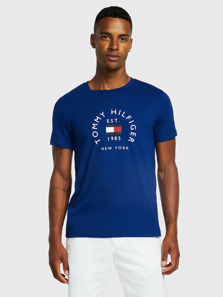 Tommy Hilfiger Text Bar Men's T Shirts Blue | F16M4ElLcPFA