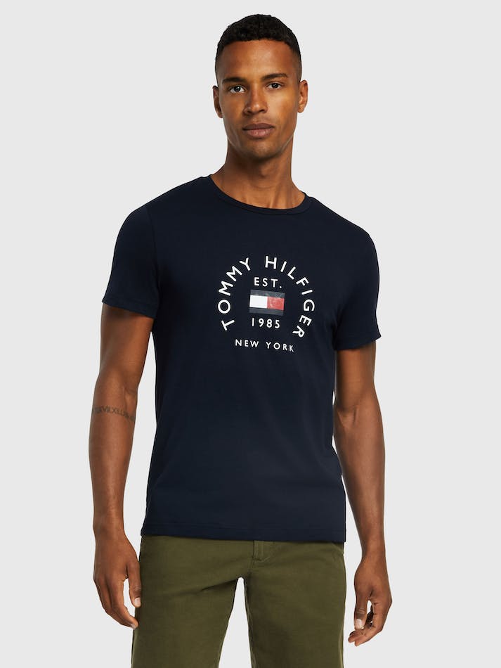 Tommy Hilfiger Text Bar Men's T Shirts Blue | iDCQQqnXB3Og